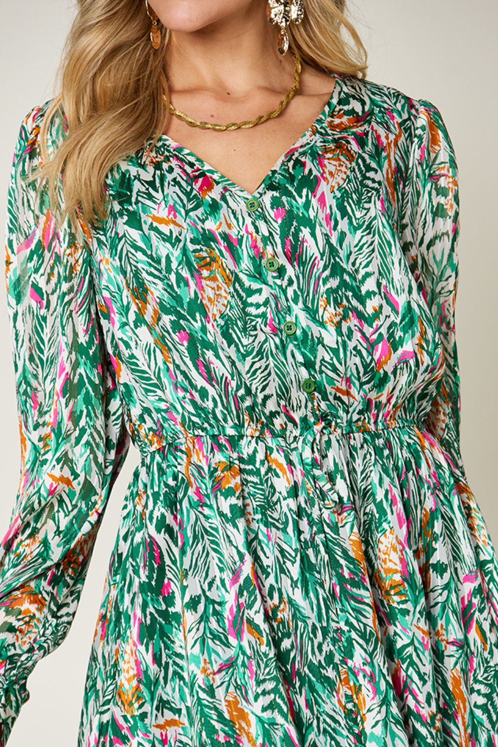 Double Take - Printed Drawstring Waist Long Sleeve Dress - S-3XL