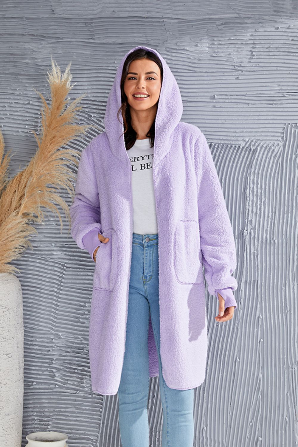 Double Take - Hooded Teddy Bear Jacket with Thumbholes - Size: S-3XL