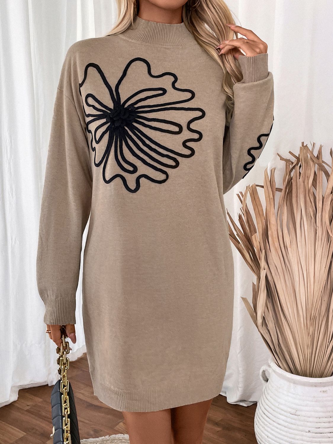 Perfee - Flower Mock Neck Long Sleeve Sweater Dress