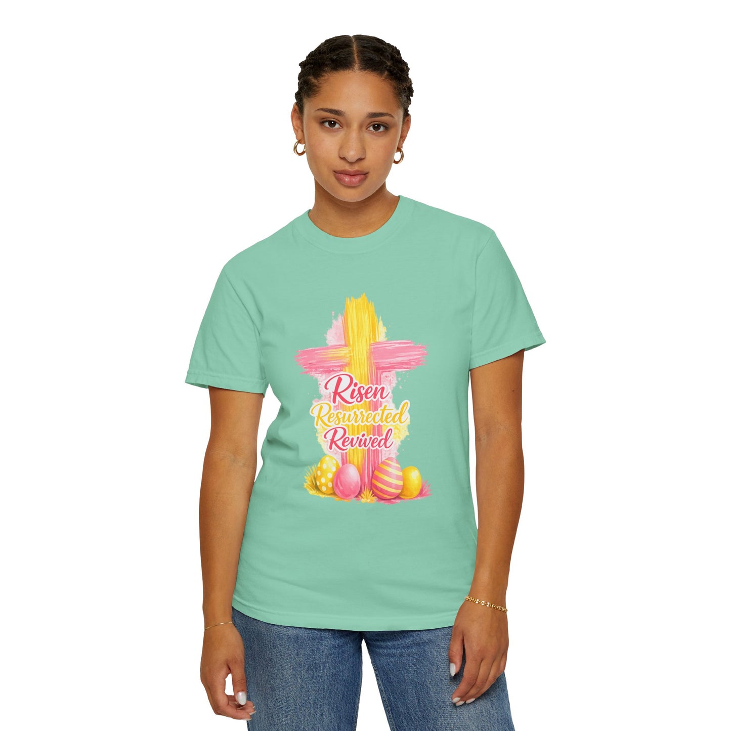 Easter Cross “Risen Resurrected Revived” Graphic Tee (Comfort Colors) - Size: S-4XL