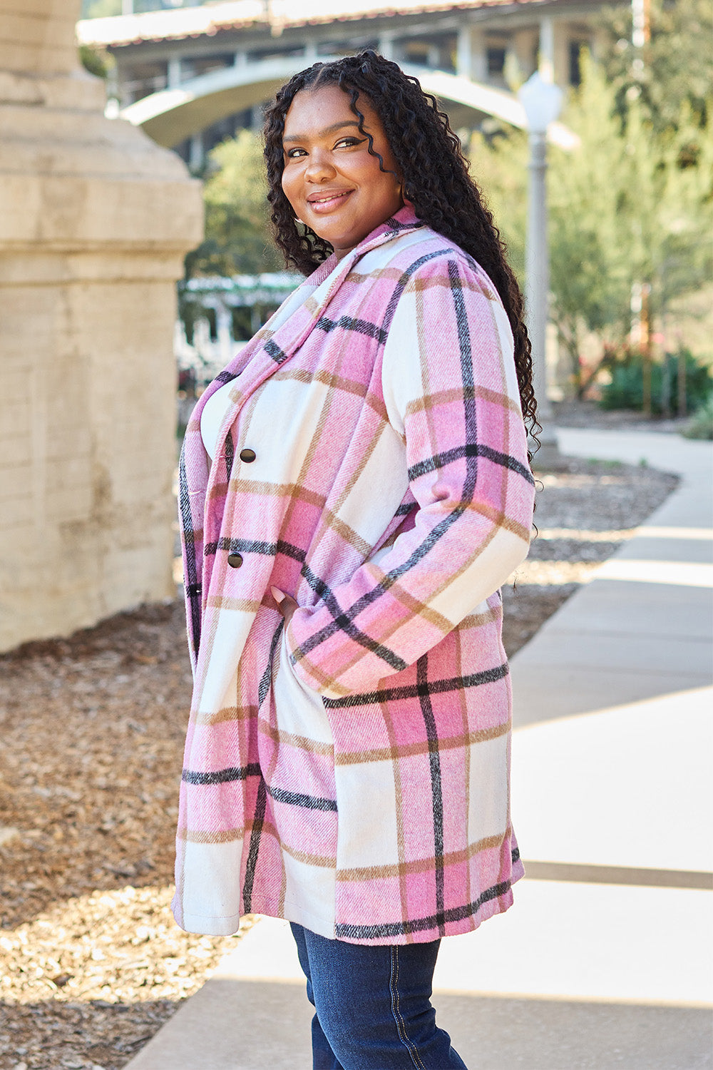 Double Take - Plaid Button Up Lapel Collar Coat - Size: S-3XL