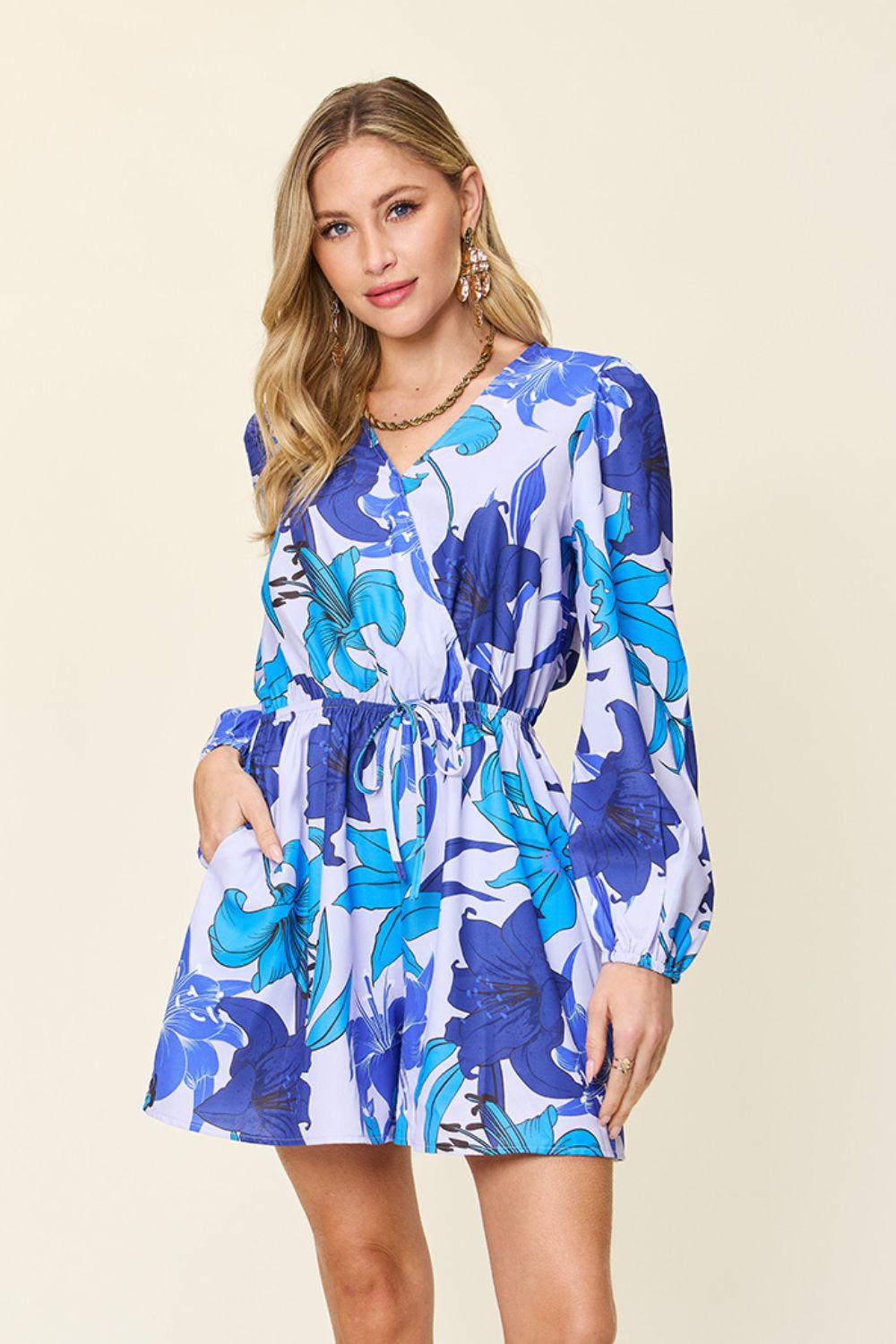 Double Take - Floral Long Sleeve Romper with Pockets - Size: S-3XL