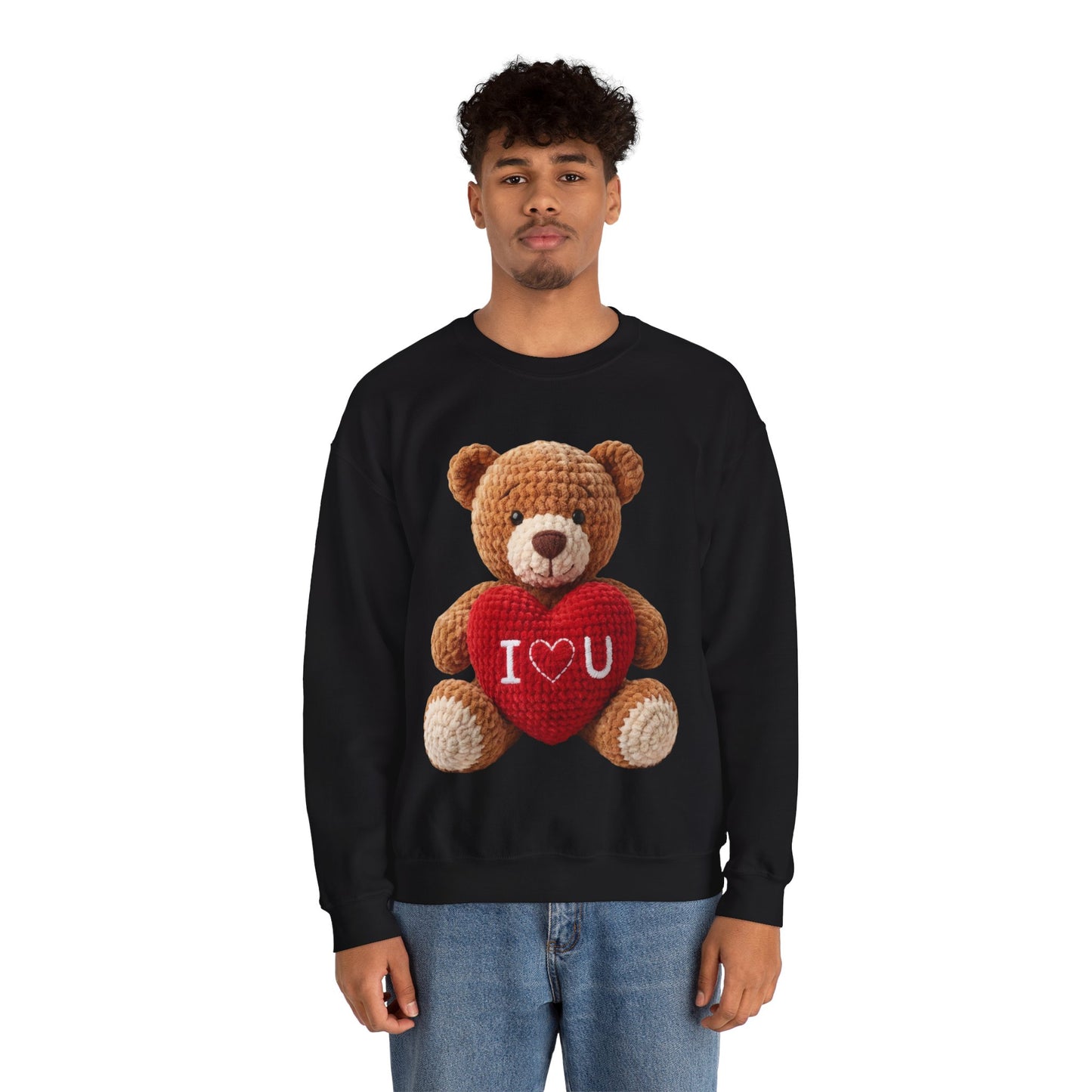 Valentine Faux Crochet I ❤️ U Teddy Bear Graphic Crewneck Sweatshirt (Gildan) - Size: S-3XL - Valentine's Day Shirt