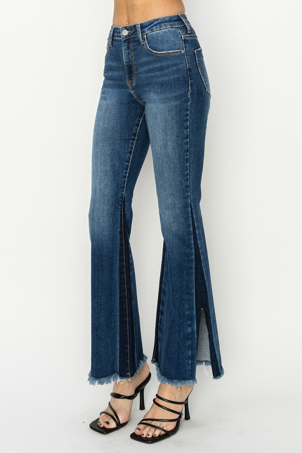 RISEN - High Rise Side Shadow Seam Detail Slit Flare Jeans - Size: 0-3XL