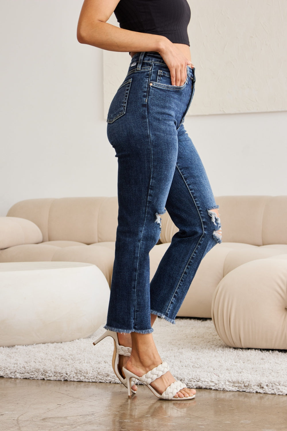 RFM - Crop Dylan Tummy Control Distressed High Waist Raw Hem Jeans - Size: 23-32 & 16W-24W