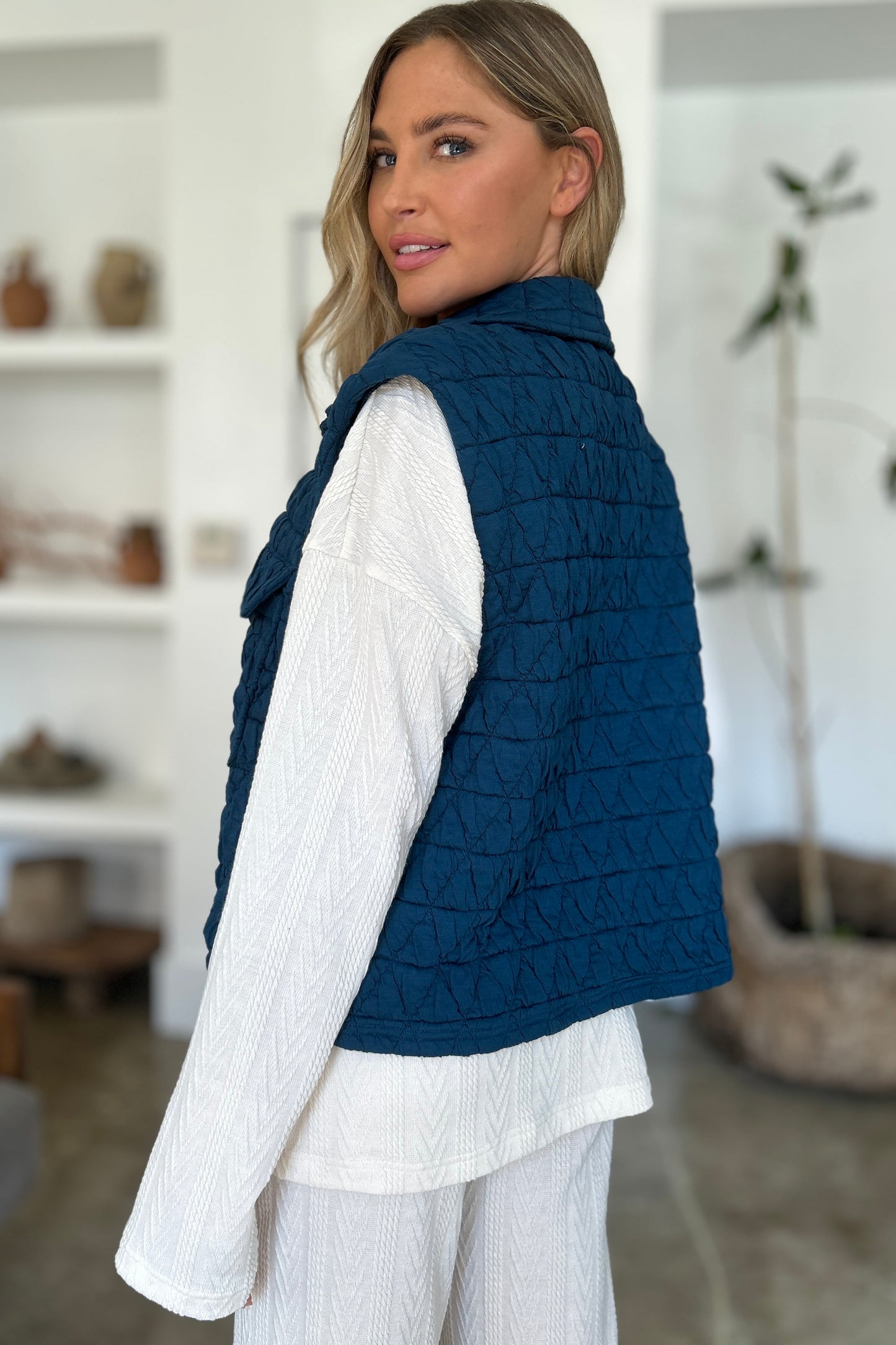 Double Take - Pocketed Texture Snap Down Vest Coat - Size: S-3XL