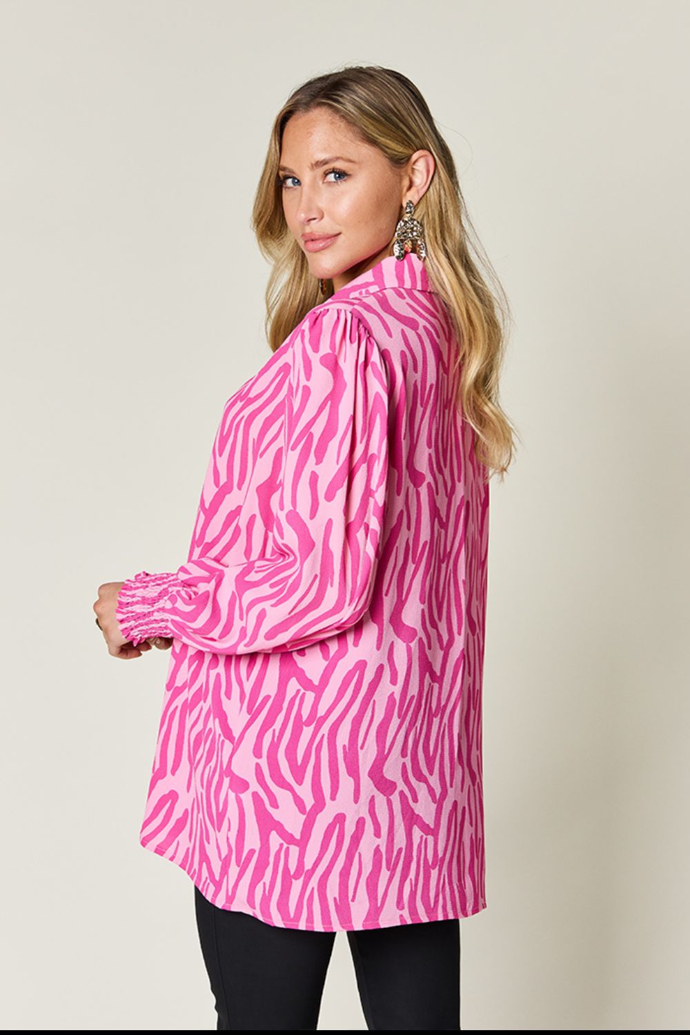 Double Take - Printed Smocked Long Sleeve Blouse - Size: S-3XL