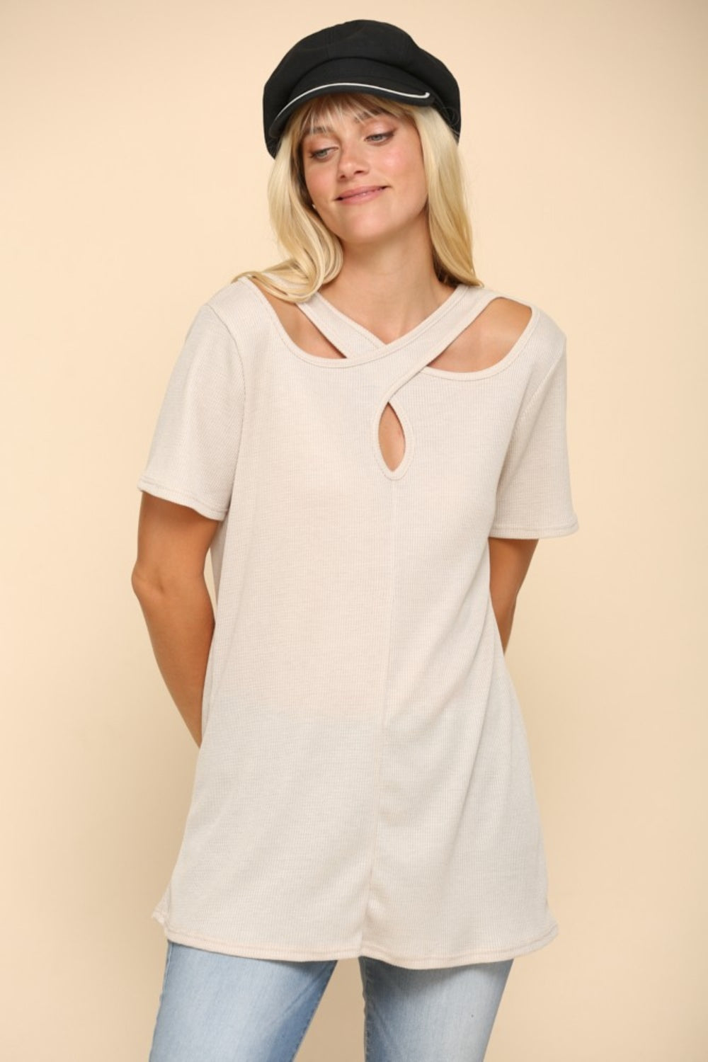 Celeste - Crisscross Cutout Short Sleeve T-Shirt