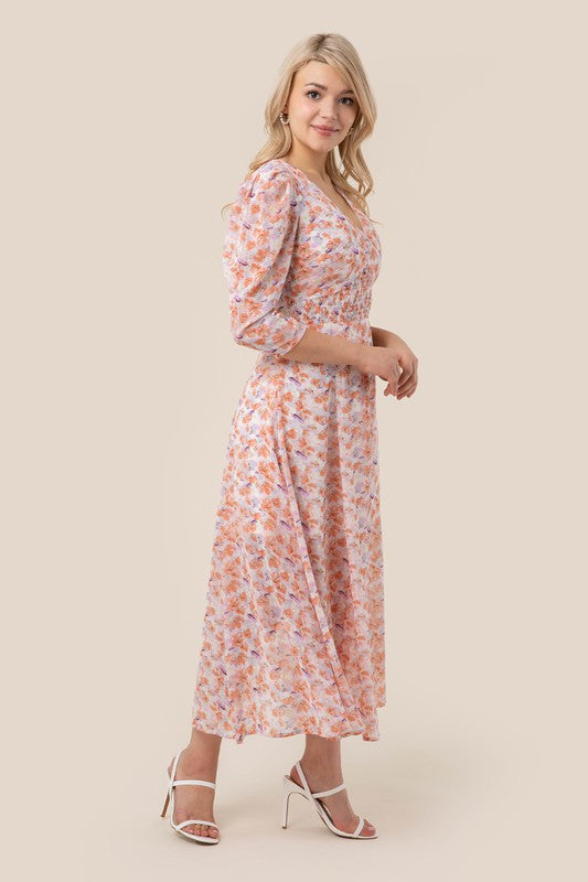 V Neck Floral Lined Chiffon Maxi Dress