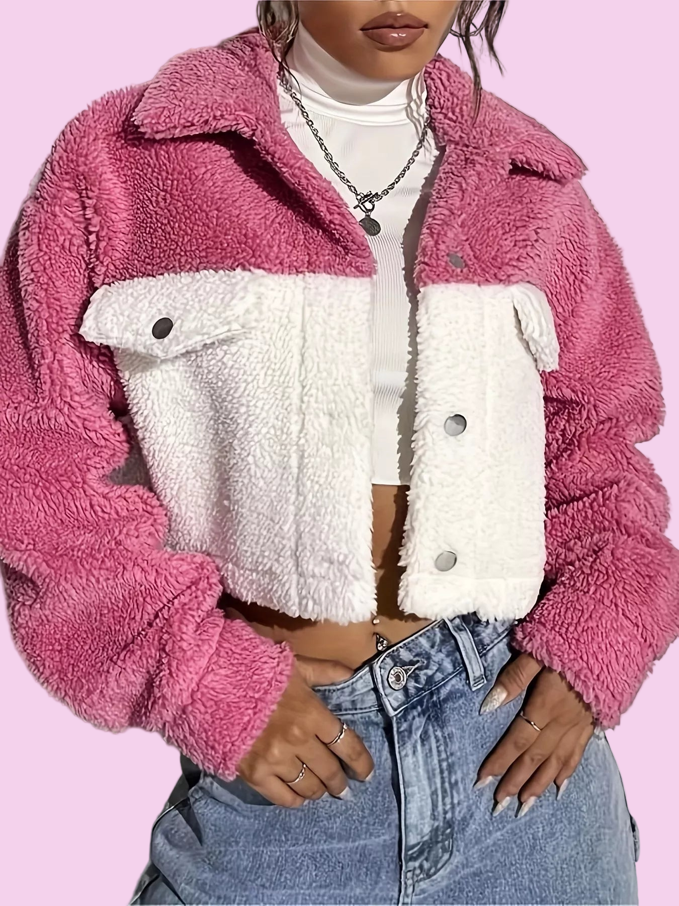 Two-Tone Plush Cropped Jacket - Size: S-XL