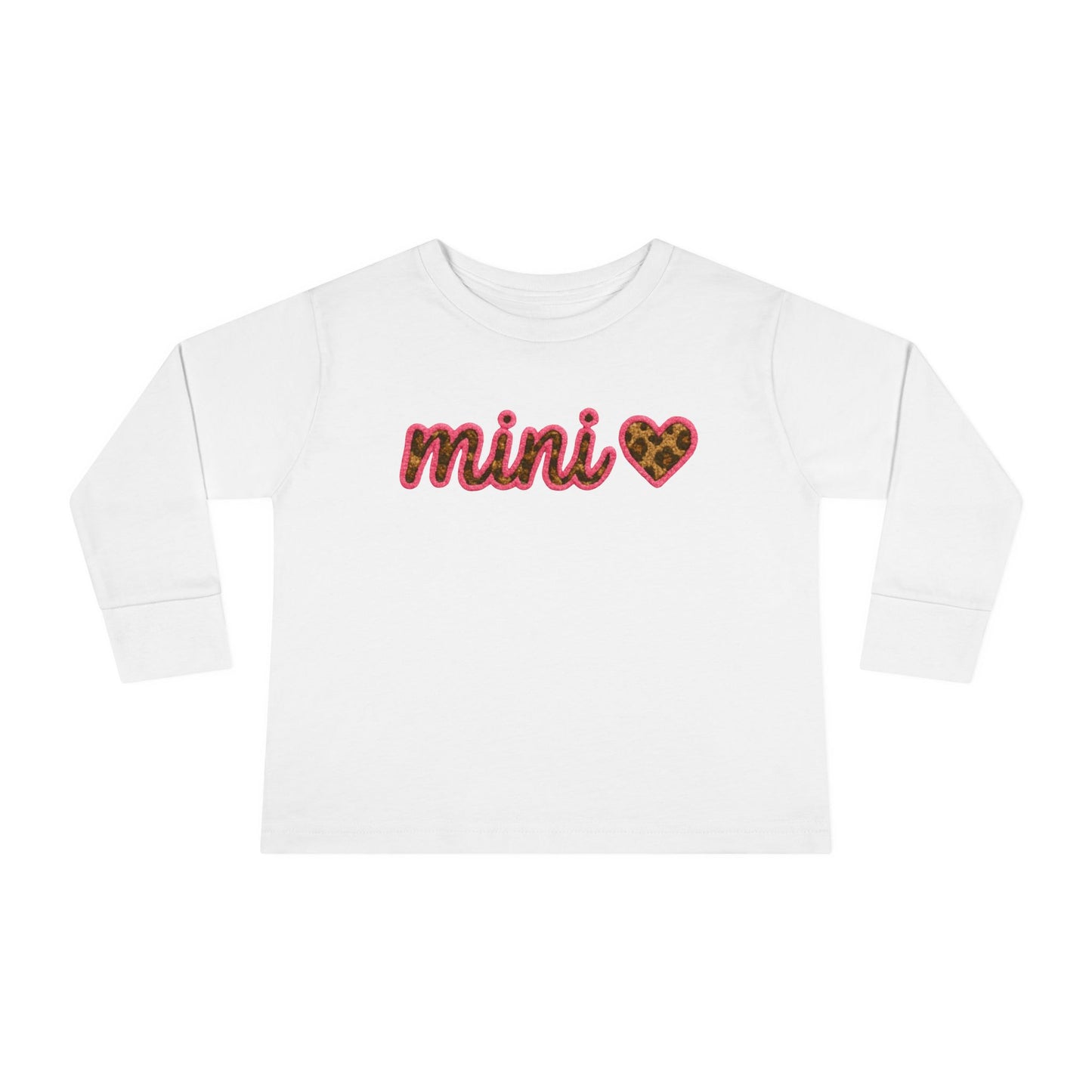 Mama & Mini "Mini" Faux Embroidery Pink Leopard Print Heart DTG Toddler Long Sleeve Tee - Size: 2T-6T