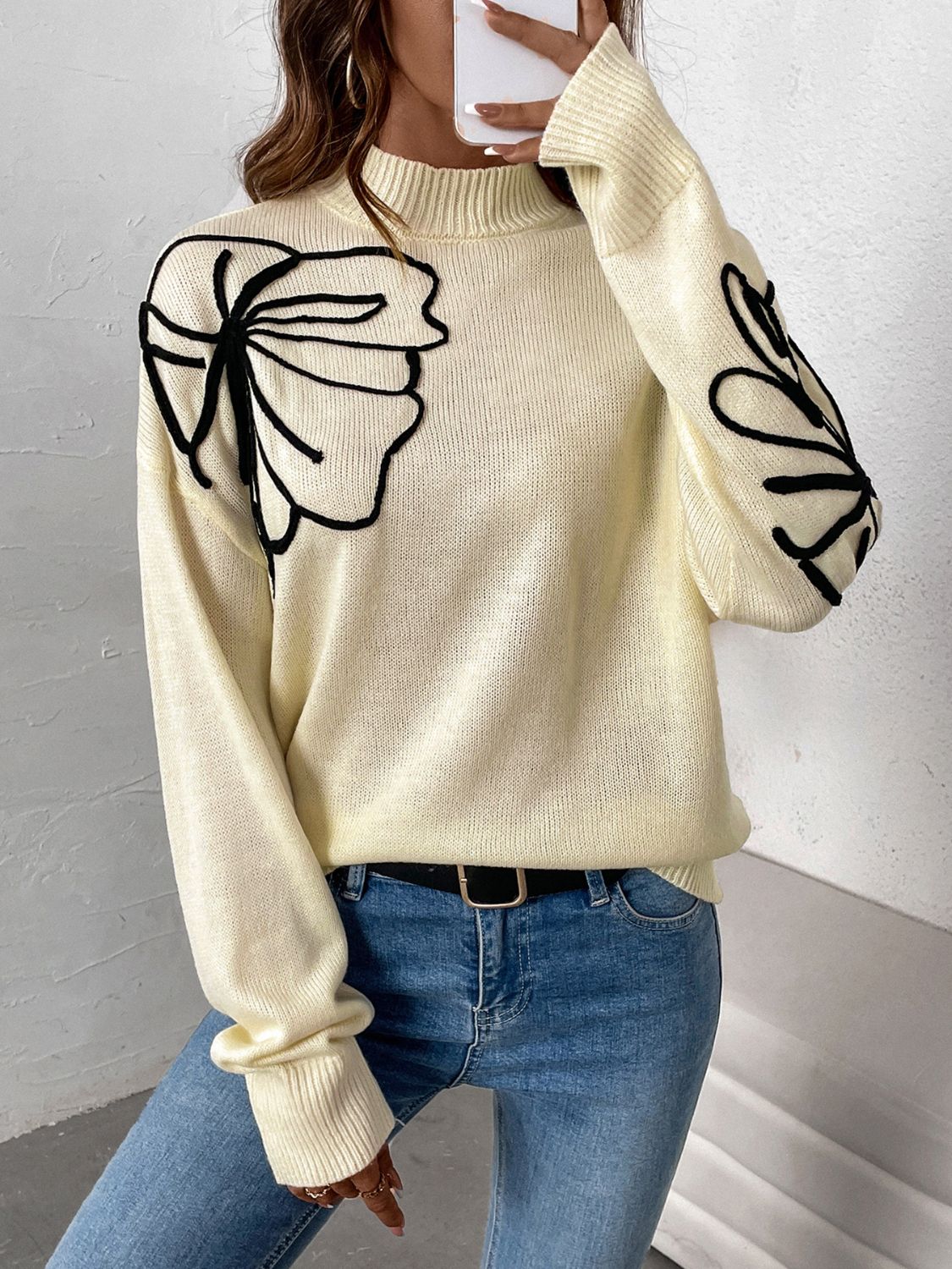 Perfee - Mock Neck Dropped Shoulder Long Sleeve Sweater