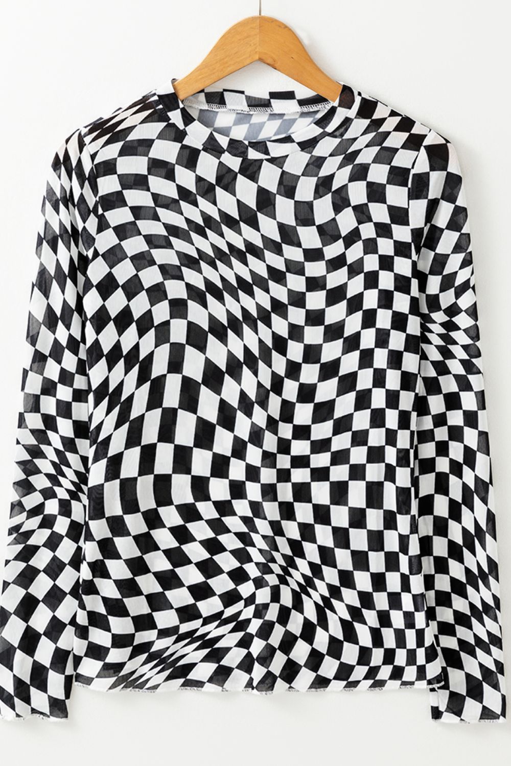 Checkered Mock Neck Long Sleeve Sheer Blouse - Size: S-XL