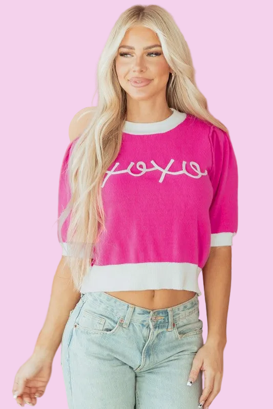 Pink Valentine XOXO Embroidered Puff Sleeve Cropped Sweater Tee - Size: S-XL - Valentine's Day Outfit Ideas