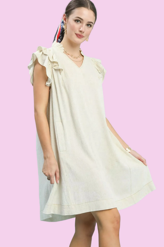 Umgee - Linen Blend Flutter Sleeve Shift Dress with Pockets - Size: S-L