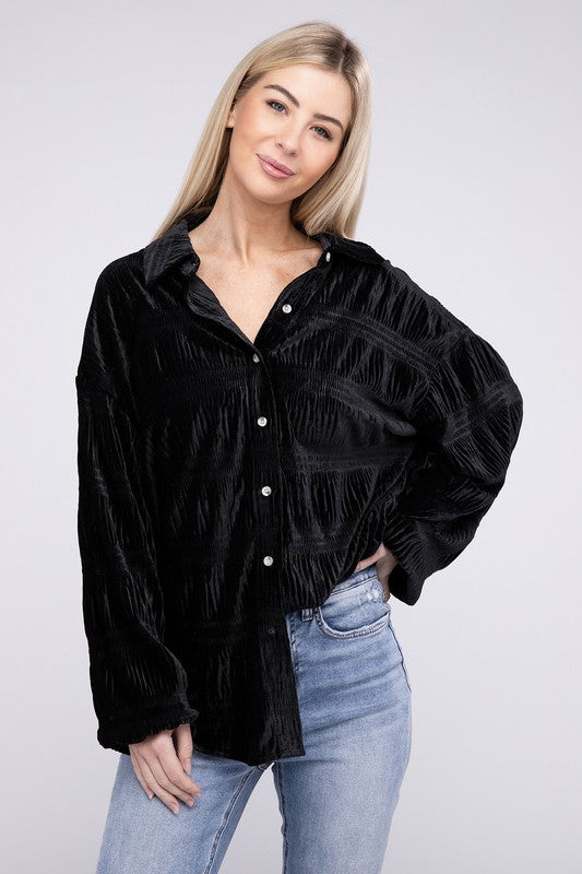 Bibi - Wrinkle Effect Tiered Shirring Velvet Shirt w/ Color Options