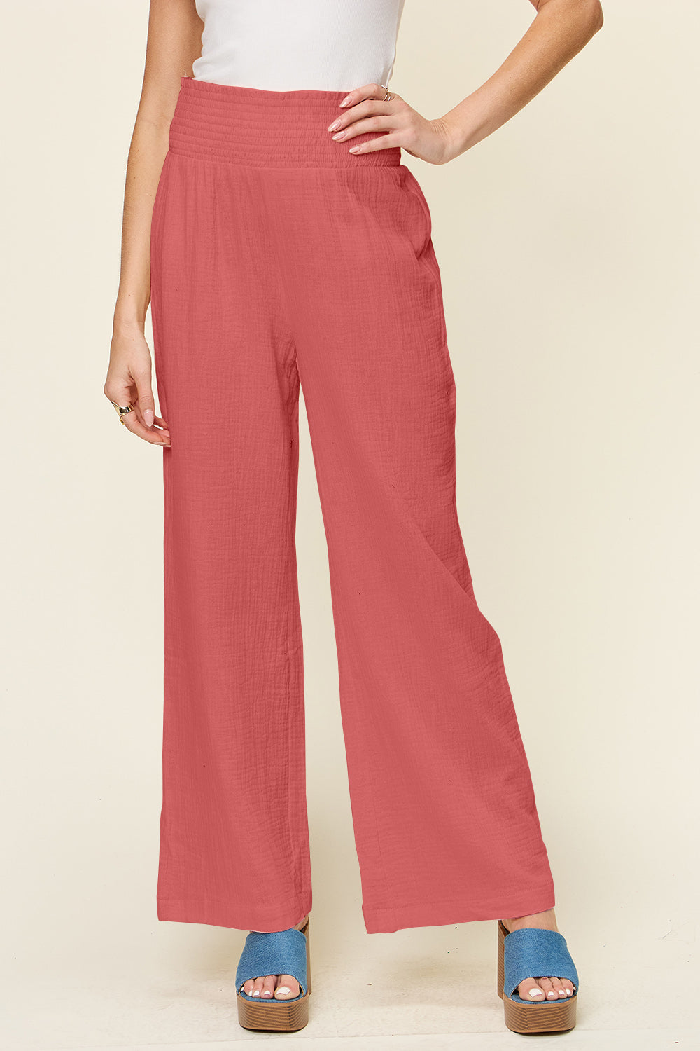 Double Take - Texture Smocked Waist Wide Leg Pants - Size: S-3XL