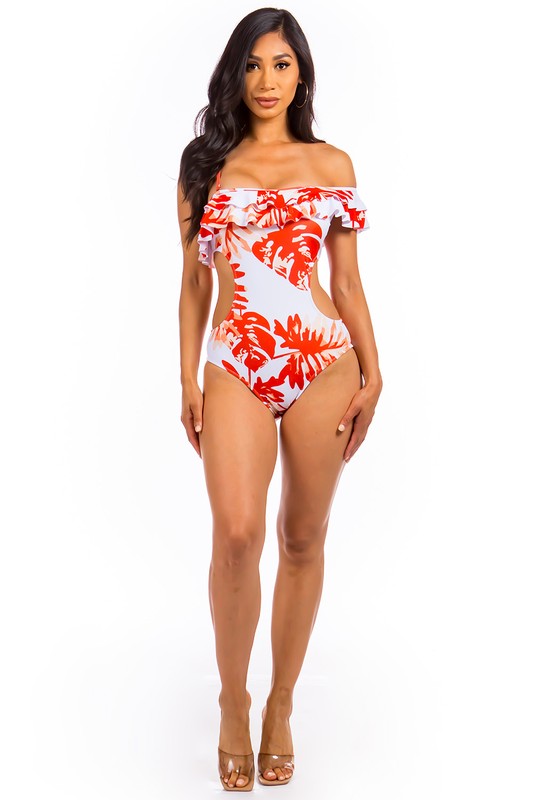 Mermaid Swimwear - Open Sided One Piece Bathing Suit With Ruffled Shoulder