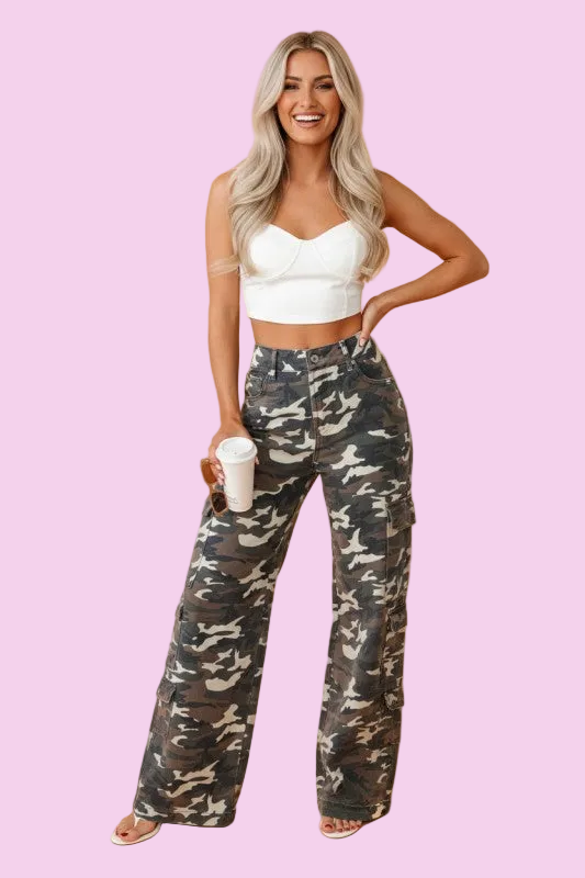 Camo Denim Cargo Wide Leg Pants - Size: 4-16