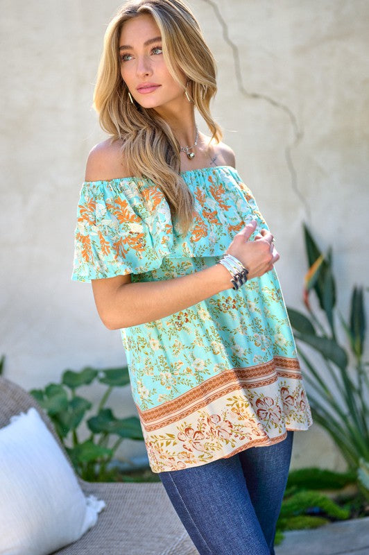 Davi & Dani - Printed Off Shoulder Smocked Top