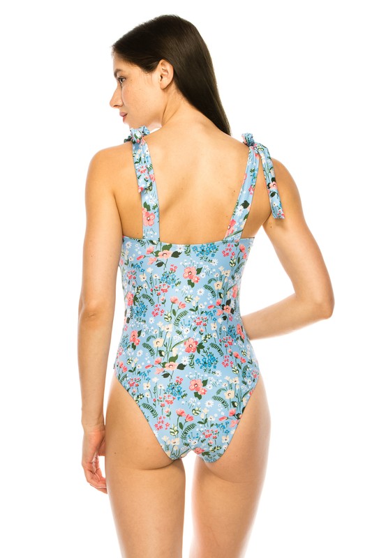 Mermaid Swimwear - One-piece Floral Print Shoulder Tie Swimsuit