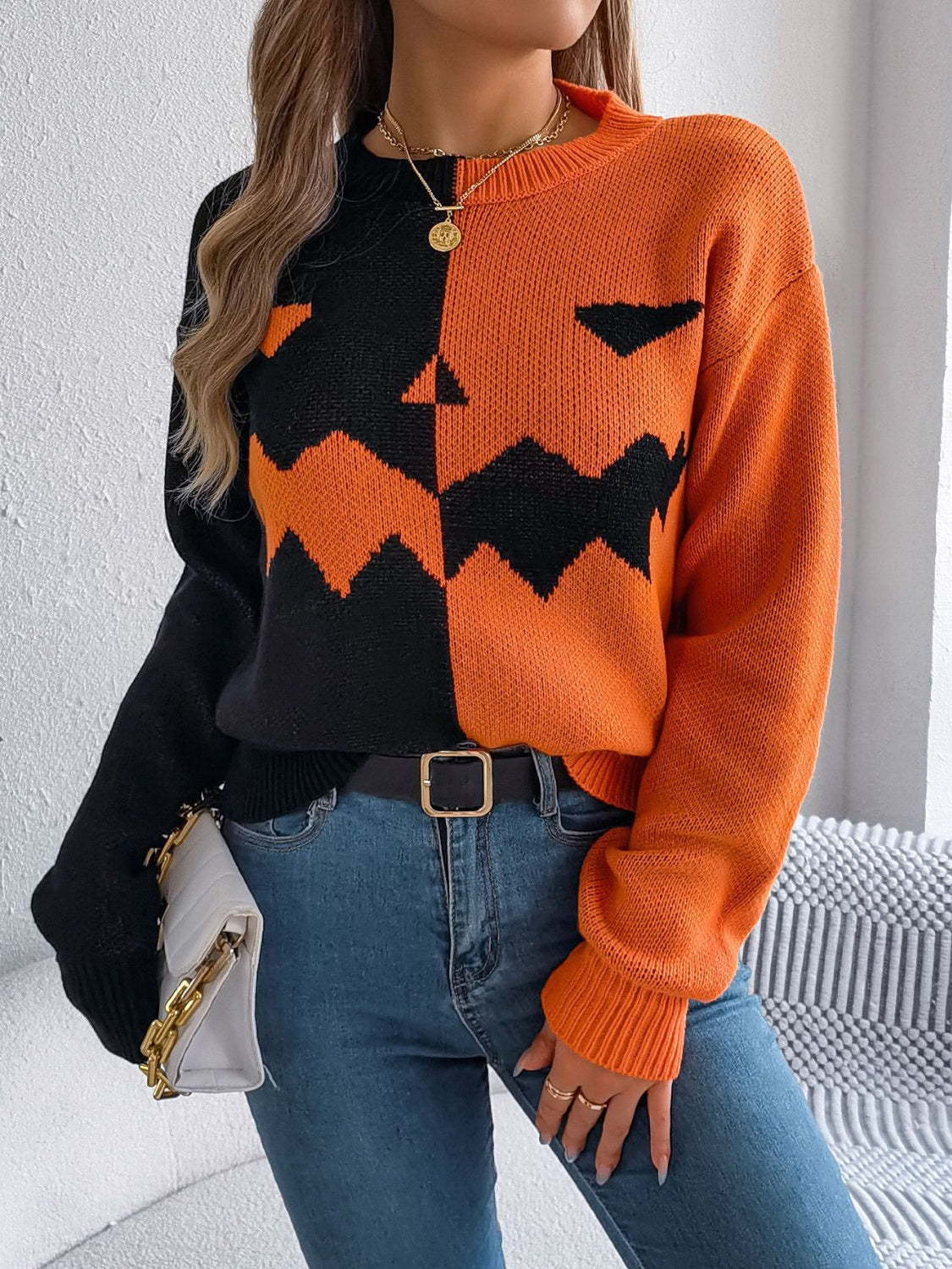 Jack-o'-lantern - Contrast Round Neck Long Sleeve Sweater - Halloween Collection