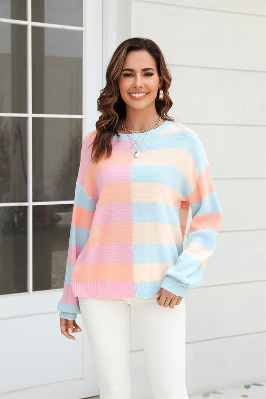 Angel Wings - Round Neck Long Sleeve Color Block Dropped Shoulder Pullover Sweater - Size: S-XL