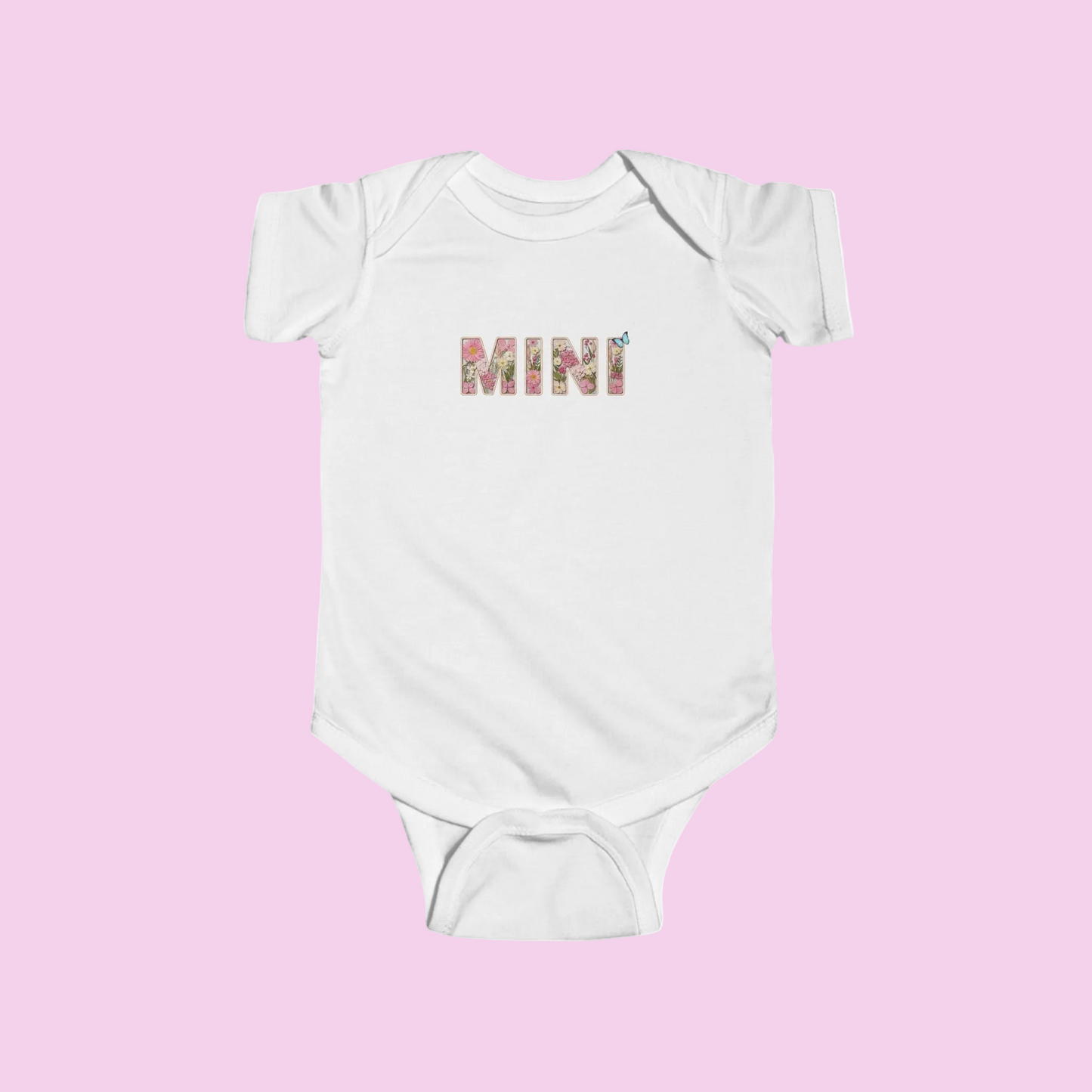 Spring Floral "Mini" Infant Bodysuit (Rabbit Skins) - Size: NB-24M - Matching Kids Shirt, Mommy and Me Outfit, Cute Floral Lettering Kids Top