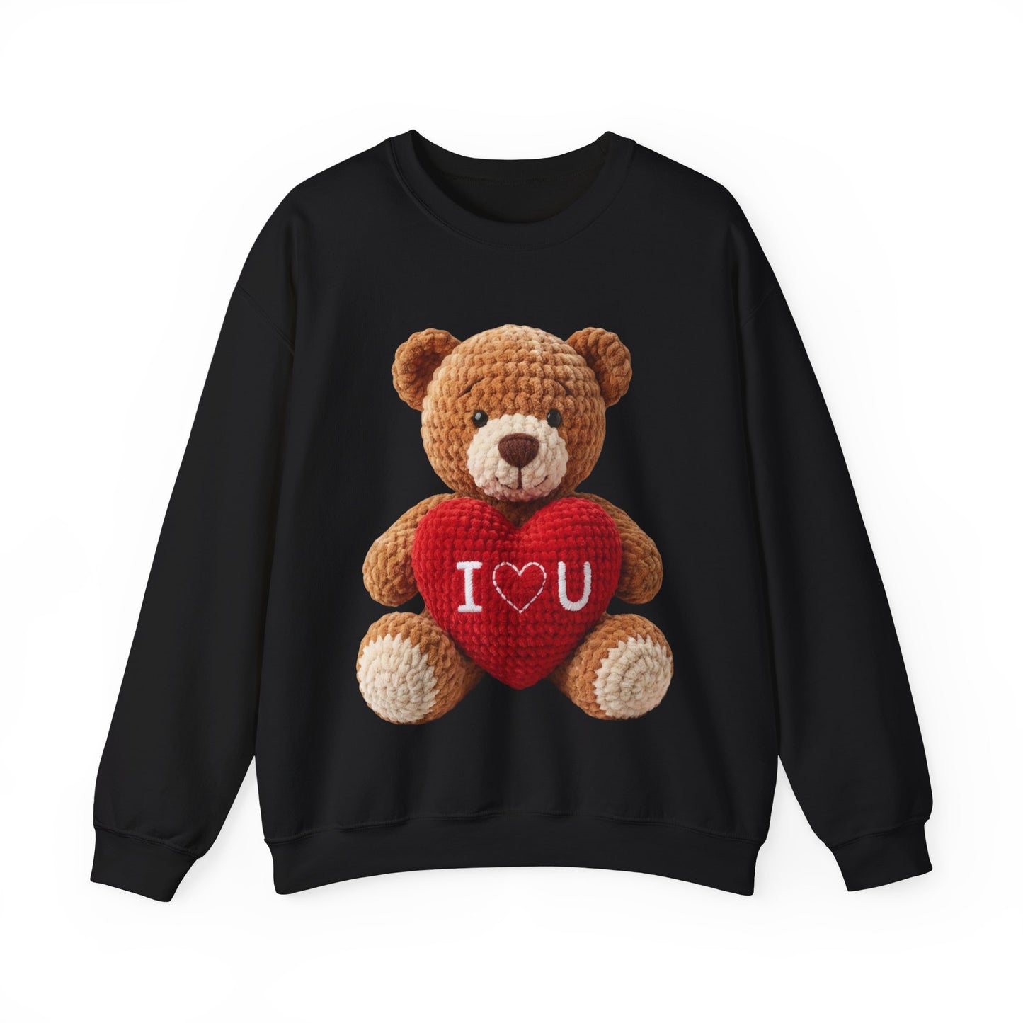 Valentine Faux Crochet I ❤️ U Teddy Bear Graphic Crewneck Sweatshirt (Gildan) - Size: S-3XL - Valentine's Day Shirt