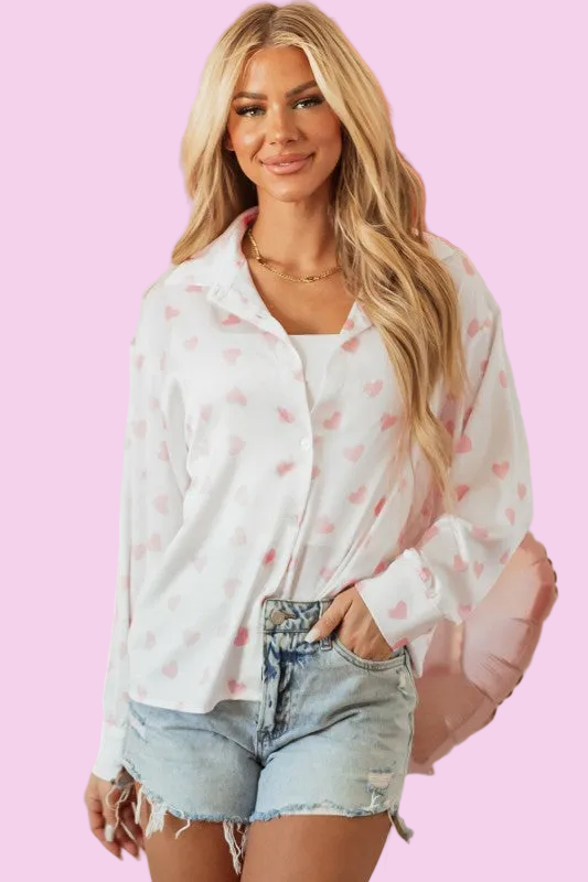 Valentine Heart Long Sleeve Buttoned Shirt - Size: S-XL - Valentine's Day Outfit Ideas