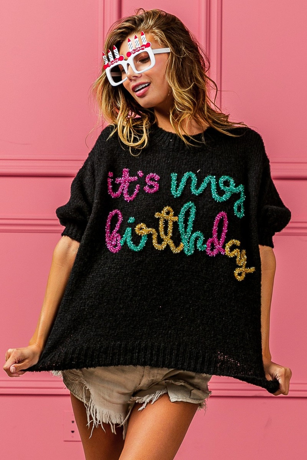 BiBi - Metallic Letter "It's My Birthday" Puff Sleeve Hairy Sweater