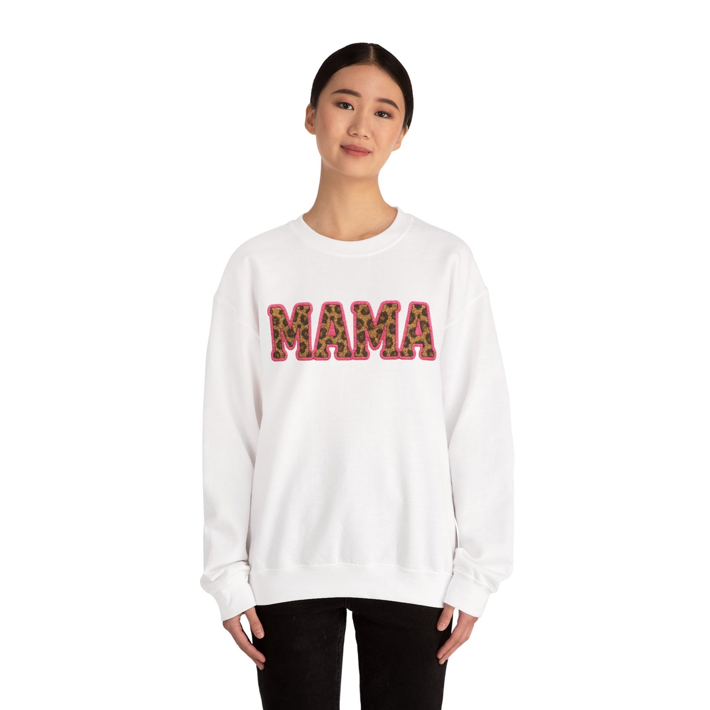 Mama & Mini "Mama" Faux Embroidery Pink Leopard Print DTG Graphic Crewneck Sweatshirt - Size: S-5XL