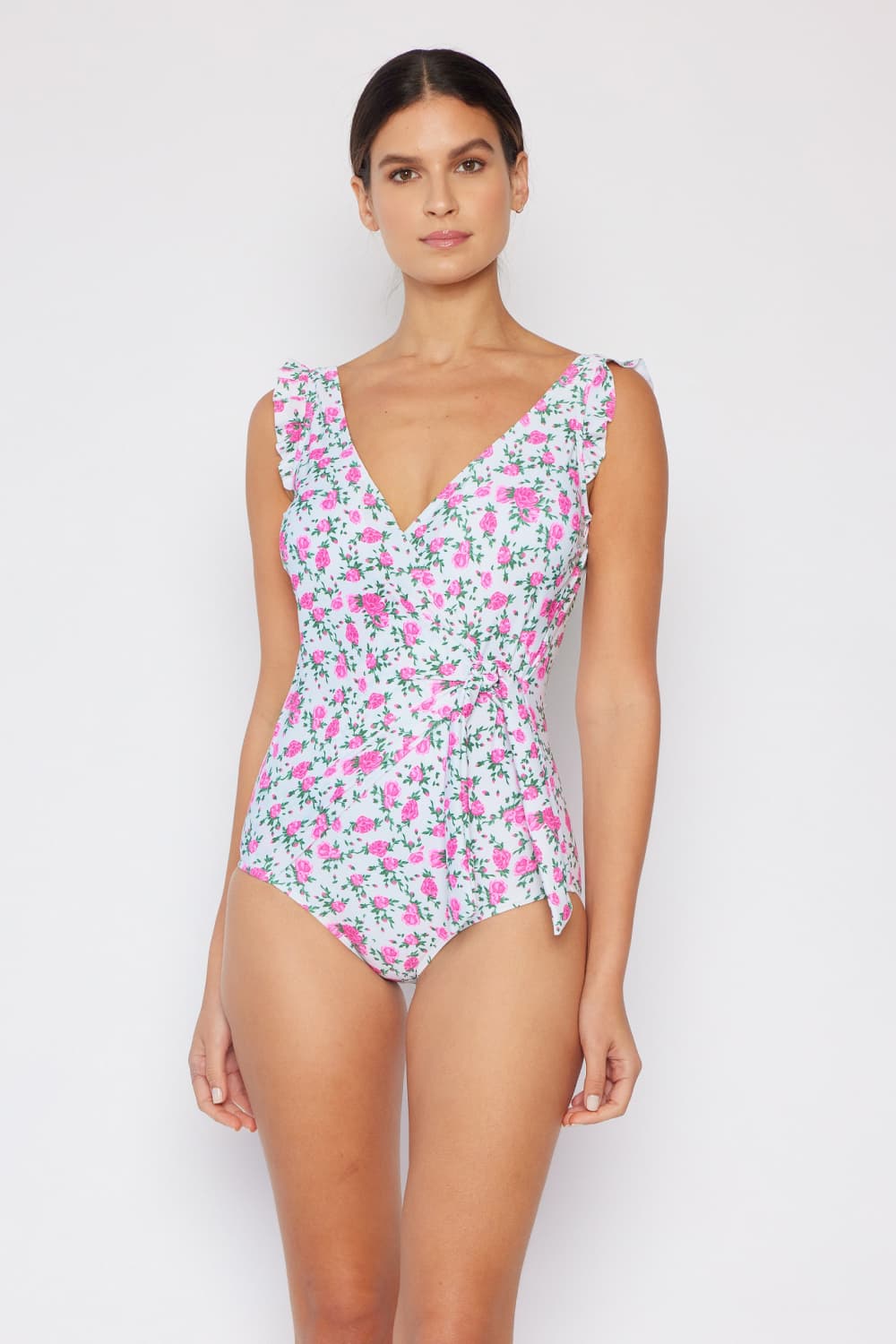 Marina West Swim - Float On Ruffle Faux Wrap One-Piece in Roses Off-White - Size: S-3XL