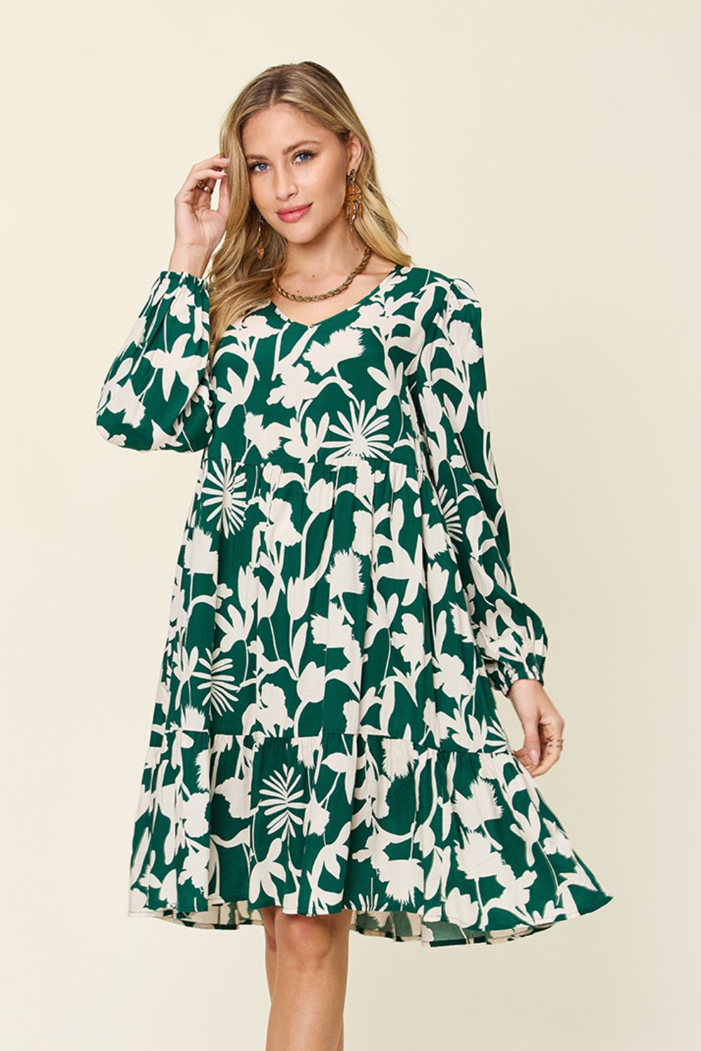 Double Take - Printed Ruffle Hem Dress with Pocket - Size: S-3XL