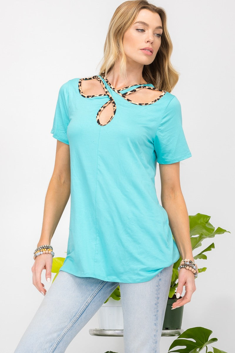 Celeste - Crisscross Cutout Leopard Contrast Trim T-Shirt