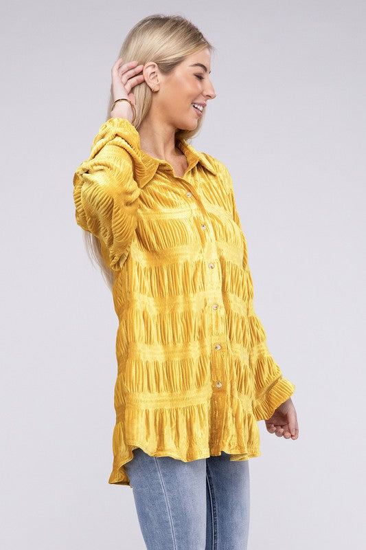 Bibi - Wrinkle Effect Tiered Shirring Velvet Shirt w/ Color Options