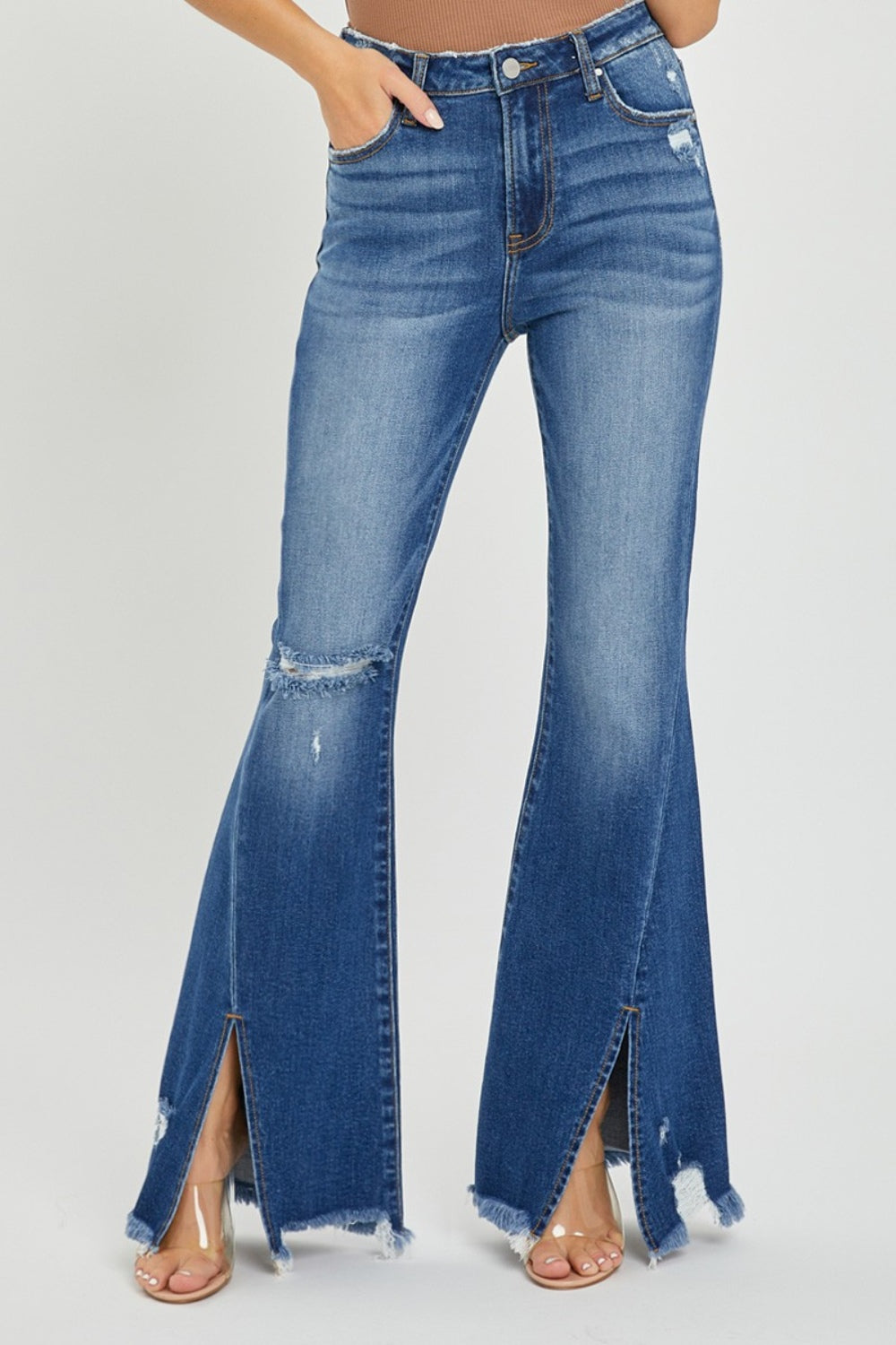 RISEN - High Rise Front Slit Frayed Hem Flare Jeans - Size: 0-3XL