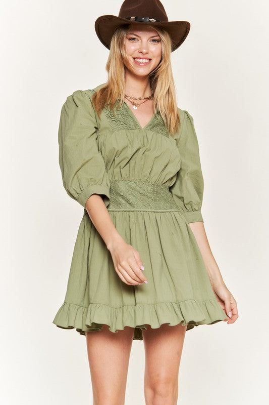 Jade By Jane - Eyelet Detail 3/4 Sleeve Short Dress - Color Options, Sizes S-XL