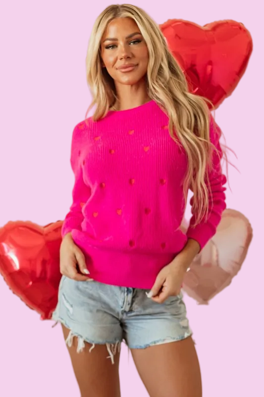 Valentine Heart Drop Shoulder Pink Crewneck Sweater - Size: S-XL - Valentine's Day Outfit Ideas