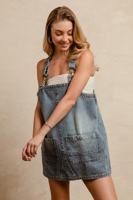 BiBi - Washed Adjustable Strap Denim Overall Dress - Size: S-XL