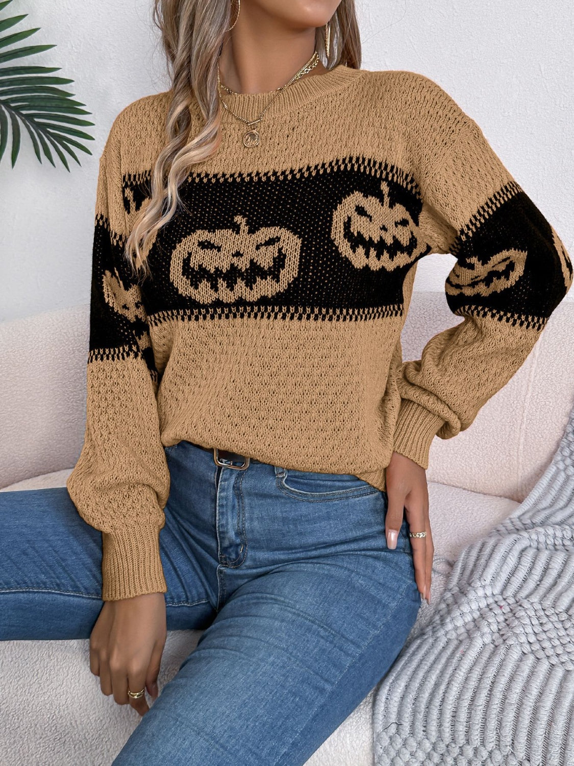 Pumpkin - Round Neck Long Sleeve Sweater - Halloween Collection