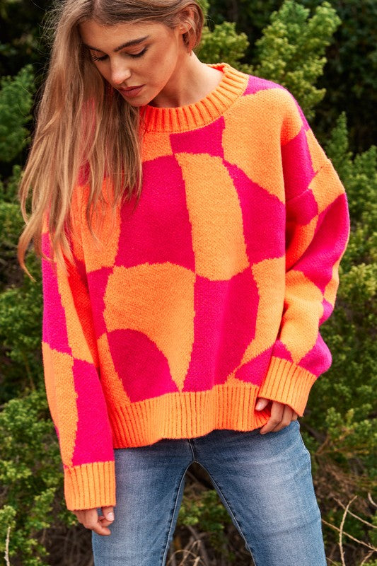 Davi & Dani - Multi Geo Checker Knit Sweater Top with Color Options