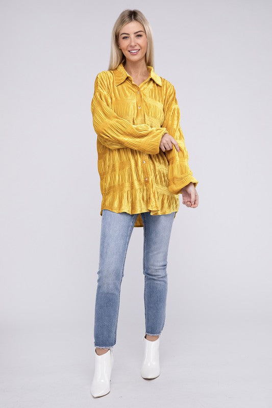 Bibi - Wrinkle Effect Tiered Shirring Velvet Shirt w/ Color Options