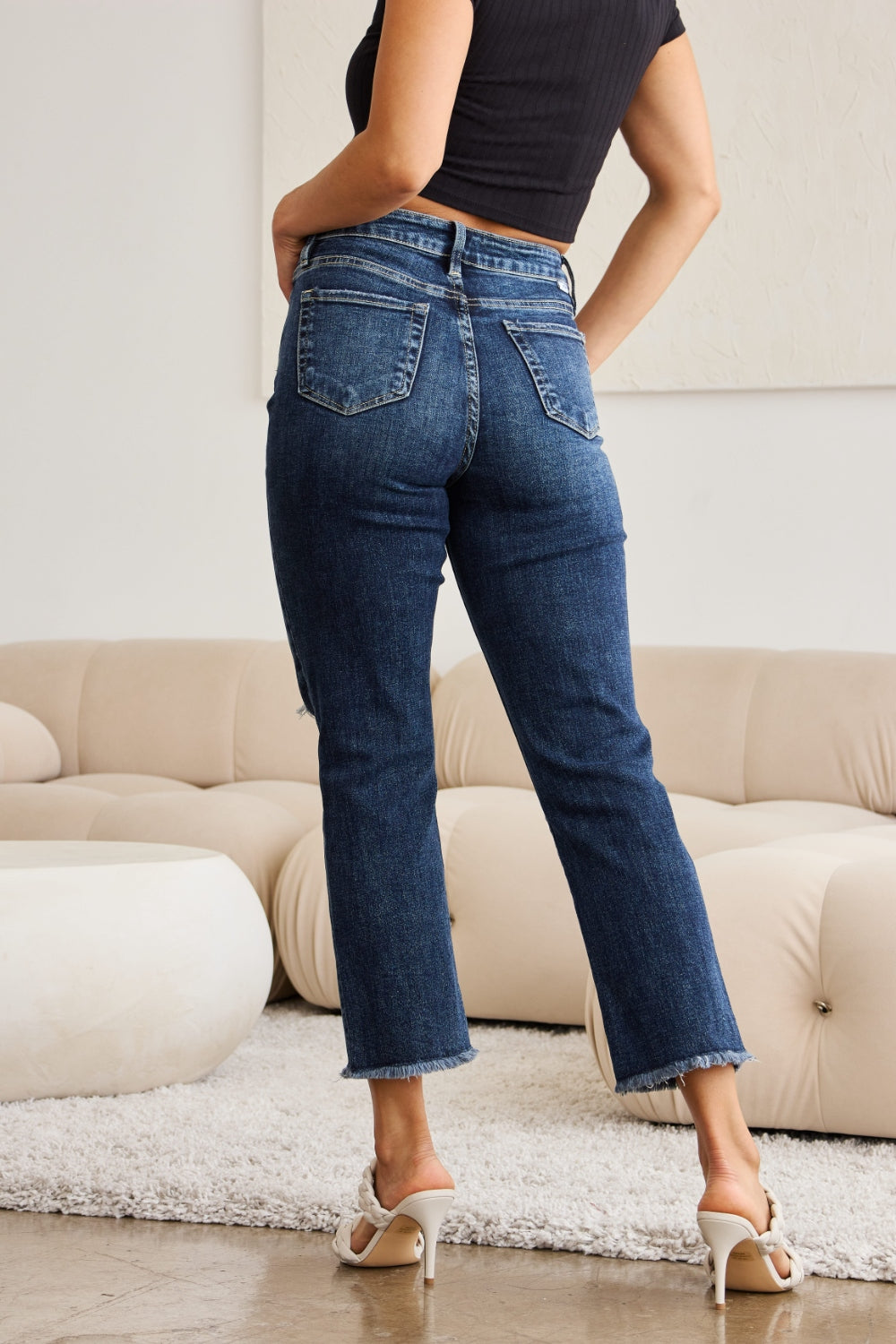 RFM - Crop Dylan Tummy Control Distressed High Waist Raw Hem Jeans - Size: 23-32 & 16W-24W