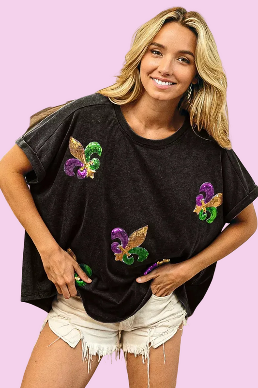 BiBi - Fleur De Lis Sequin Patches Mardi Gras Sleeve Top - Size: S-XL