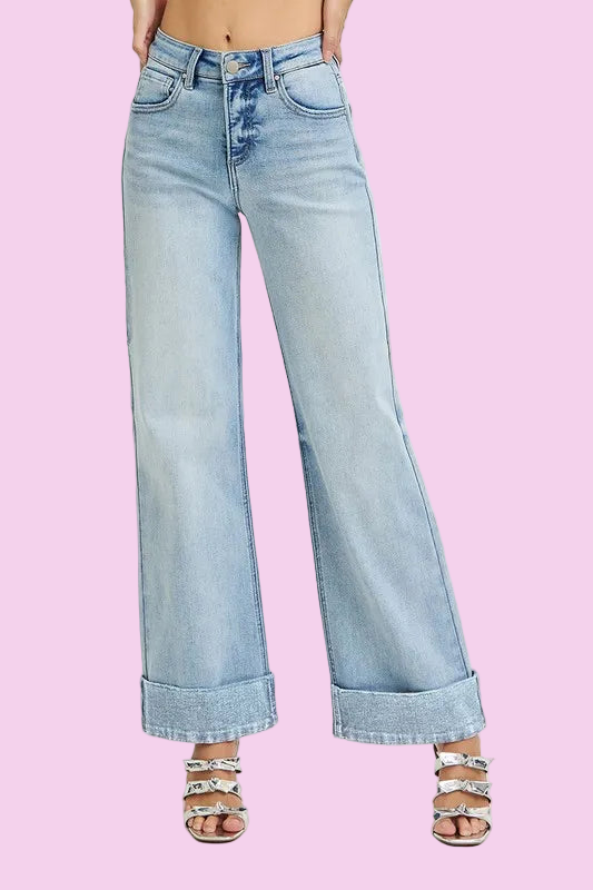 RISEN - Light Wash Tummy Control High Rise Ankle Wide Cuffed Jeans - Size: 0-15 & 1XL-3XL