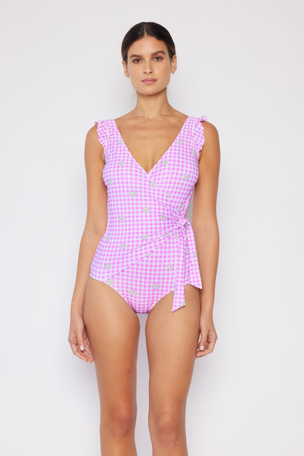 Marina West Swim - Float On Ruffle Faux Wrap One-Piece in Carnation Pink - Size: S-3XL