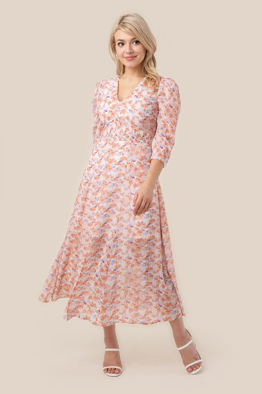 V Neck Floral Lined Chiffon Maxi Dress