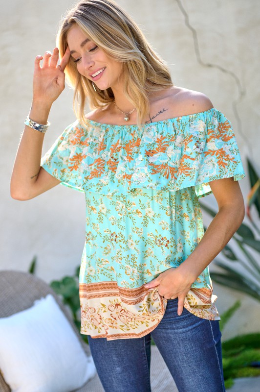 Davi & Dani - Printed Off Shoulder Smocked Top