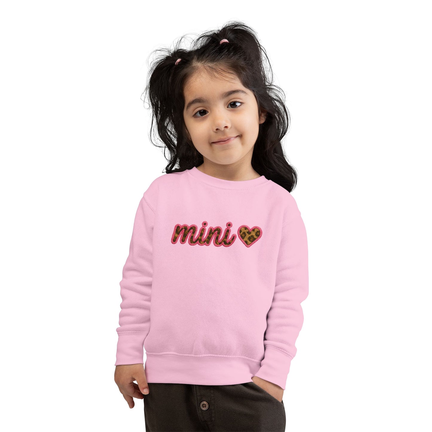 Mama & Mini "Mini" Faux Embroidery Pink Leopard Heart DTG Toddler Sweatshirt - Size: 2T-7T